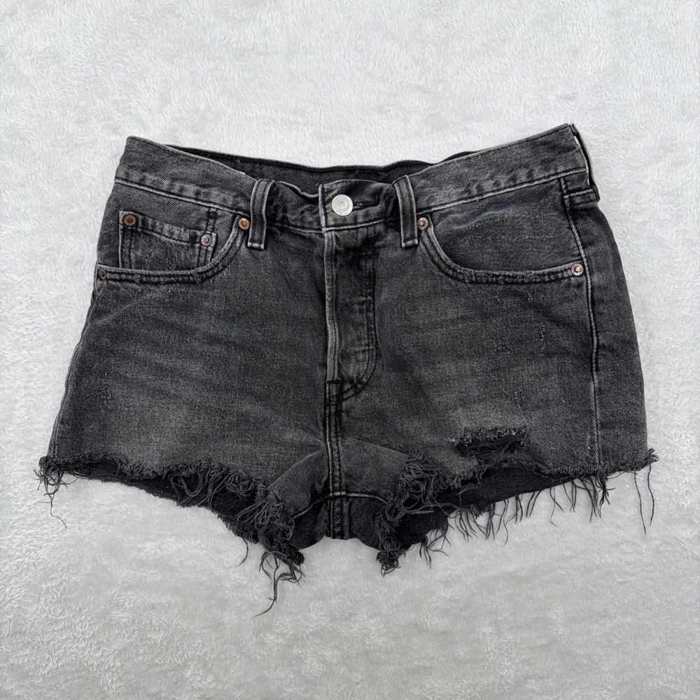 Levis 501 Shorts 27 Womens Black Premium Denim Original Fit Cut Off Distressed